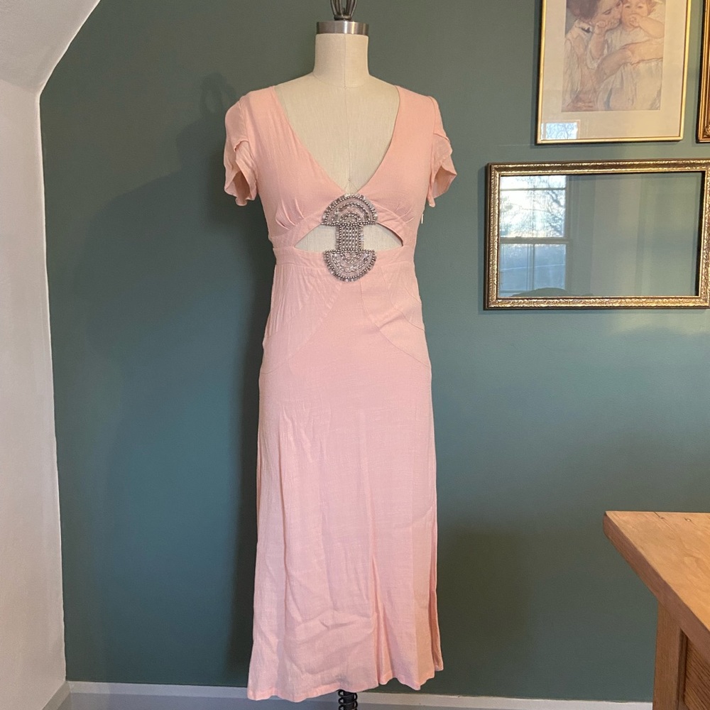Free People Pink Dress Empire Waist Cutout Midi Length Beaded